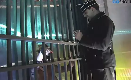 Captive Blonde in Cage Submissive and Punished Roleplay with Masks, Collars, and Tight Uniforms
